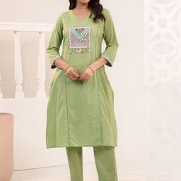MISRI Floral Embroidered A-Line Thread Work Pure Cotton Kurta With Trousers-image-29