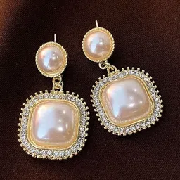 DressBerry Gold Plated American Diamond & Pearls Studded Square Korean Drop Earrings-picture-10