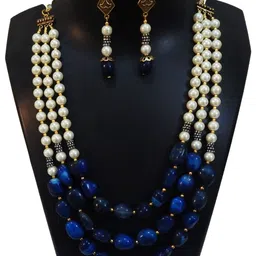 Jaya Vision Jewelry Women Blue Agate Tumble & Synthetic Pearl Beaded Necklace with Earrings-picture-41