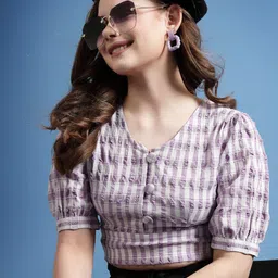 BEING NAUGHTY Women Checked Puff Sleeve Crop Top-image-33