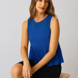 sollobell Women Textured Round Neck Lace Inserts Chiffon Top-image-55