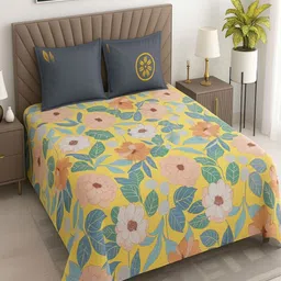 Threadwear Yellow & Green Floral 400 TC King Bedsheet with 2 Pillow Covers-picture-21