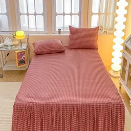 JC HOME Red & White Checked 150 TC King Bedsheet With 2 Pillow Covers-picture-26