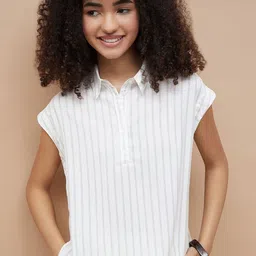 Fame Forever by Lifestyle Women Vertical Striped Shirt Collar Shirt Style Top image 5