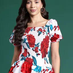 Mast & Harbour Floral Printed Puff Sleeve Peplum Top-picture-48