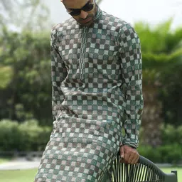 KRAFT INDIA Checked Embroidered Mandarin Collar Straight Kurta With Pyjamas image 3