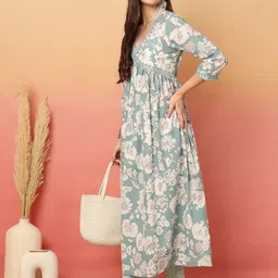 Sangria Floral Printed V Neck Thread Work Pure Cotton Anarkali Kurta With Trousers image 2