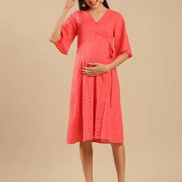Shades of Sabi Solid V-Neck Cottton Wrap Maternity Dress-picture-36