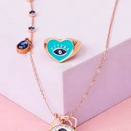 SALTY Rose Gold Plated Stones Studded Evil Eye Pendant & Ring Jewellery Set-picture-24