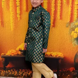 BownBee Boys Printed Front Open Jacquard Mandarin Collar Sherwani image 4