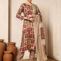 Sangria Geometric & Floral Printed Straight Kurta with Trousers & Dupatta-image-75