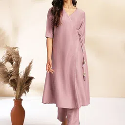 KALINI Solid Angrakha V-Neck A-Line Kurta With Trousers-picture-48
