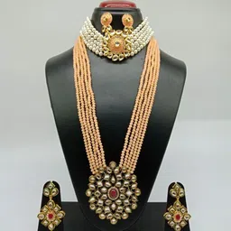Gyaan Jewels Gold Plated Layered Artificial Stone Studded & Beaded Jewellery Set-picture-29