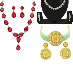 Women Click Set Of 3 Stone-Studded & Beaded Jewellery Set image 1