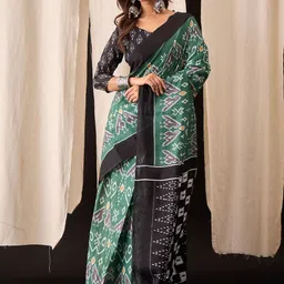 Munir Women Ethnic Motifs Printed Pure Cotton Ikat Saree with Blouse Piece-image-65