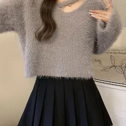 KPOP Women Woollen Crop Pullover with Fuzzy Detail-image-78
