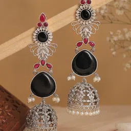 KRISHAZ Silver-Plated Artificial Stones Studded And Beaded Oxidised Dome Shaped Jhumkas-picture-16