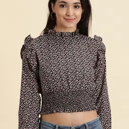 SHOWOFFFF Floral Print Puff Sleeve Crepe Crop Top image 3