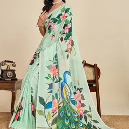 KALINI Women Green Silk Blend Designer Block Print Saree image 5