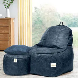 mintwud from pepperfry Koshi 4XL Leatherette Bean Bag With Beans With Footrest, Cushion & Pocket In Navy Blue Colour-picture-14