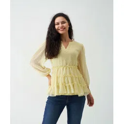 aask Casual Puff Sleeves Self Design Women Yellow Top-picture-20