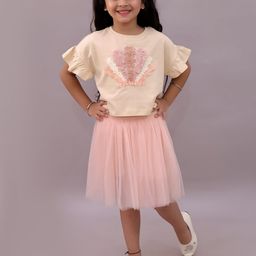 LIL DRAMA Girls Embellished Flared Sleeves T-shirt With Skirt-picture-38