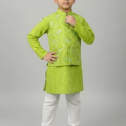 Sangria Boys Bandhani Printed Pure Cotton Straight Kurta & Trousers With Nehru Jacket image 1