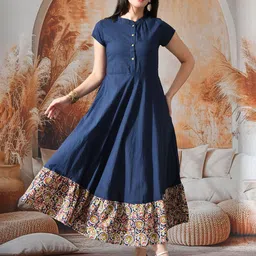 DECKEDUP Ethnic Motifs Printed Mandarin Collar Cotton A-Line Midi Dress-image-12