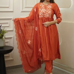 Divyadham Textiles Women Ethnic Motifs Embroidered A-Line Kurta with Trousers & Dupatta-picture-17