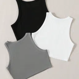 BAESD Pack Of 3 Ribbed Round Neck Sleeveless Tank Crop Top image 3