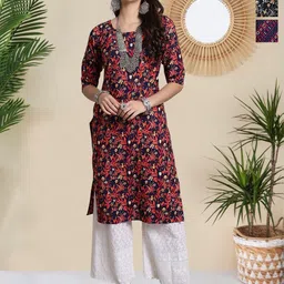 HERE&NOW Women Pack Of 3 Ethnic Motifs Printed Round Neck Straight Kurtas-picture-34