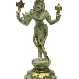 Exotic India Gold-Toned & Green Lord Murli Krishna Religious Idol Showpiece-image-86