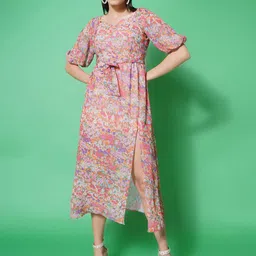 KATLINE Floral Printed Georgette A-Line Midi Dress-picture-14