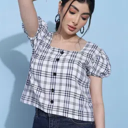 RAGHUVEER CREATION Checked Puff Sleeve Crop Top-picture-16