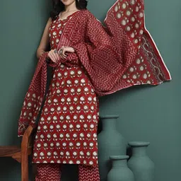 NYPA Ethnic Motifs Printed V-Neck Pure Cotton Straight Kurta With Palazzos & Dupatta-picture-34