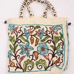 Exotic India Cotton Shoulder Bag with Crewel Embroidered Flowers image 1