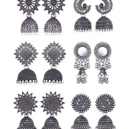 DIVASTRI Set Of 6 Silver-Plated Oxidised Dome Shaped Jhumkas-image-93