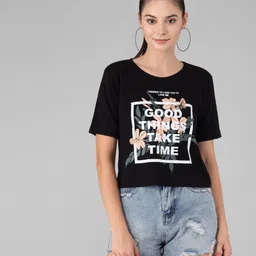 viral trend Women Printed Round Neck Pure Cotton Black T-Shirt-picture-19