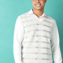 v-mart Men Self Design V Neck White Sweater image 1