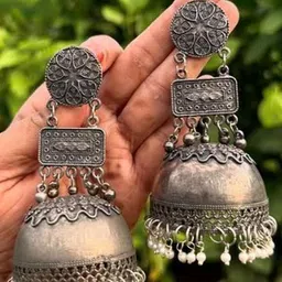 NAVJAI Beaded Oxidised Dome Shaped Stainless Steel Jhumkas image 4