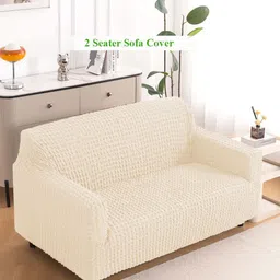 HOKIPO Cream-Coloured 280 GSM 2 Seater Anti Slip Sofa Cover With Arms-picture-36