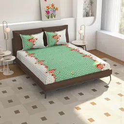 NEW TOWN Green & White Floral 210 TC Queen Bedsheet with 2 Pillow Covers-image-62