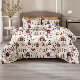 LORETO White Ethnic Motifs 186 TC King Bedsheet with 2 Pillow Covers image 3