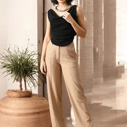 Womenster Women Cowl Neck Ruched Crepe Fitted Top-image-99