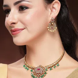 KARATCART Women Gold-Plated American Diamond Studded Temple Jewellery Set image 3