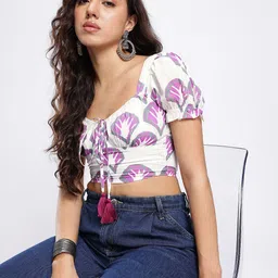 fusion by glitchez Casual Puff Sleeves Printed Women White Top-picture-10