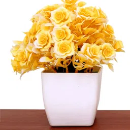 s-biv Set of 4 Multicolor Rose Flower With Pot For Home Office Table Decoration Yellow, Red, Green, Pink Rose Artificial Flowerwith Pot image 5