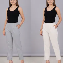 solid stitching Pack of 2 Women Regular Fit Grey, White Pure Cotton Trousers image 1