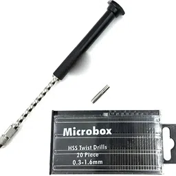 uptodateprouducts Micro PCB Hand Spiral Drill 7" with Collet & 20pcs HSS Twist Mini Drill Set for Jewellery Making, Engineering Projects, Hobby Craft image 1