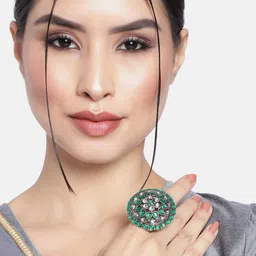 I Jewels Green & Silver-Toned Rhodium Plated Kundan Handcrafted Finger Ring image 1